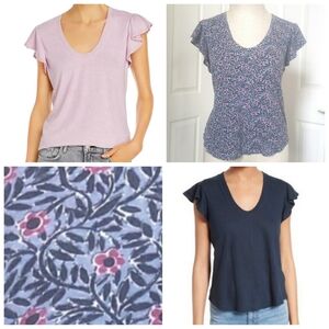 La Vie by REBECCA TAYLOR Vneck Top Flutter Sleeves Blue Pink Cotton Linen